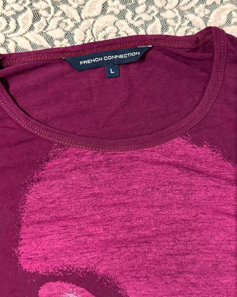 French Connection Burgundy T-Shirt with Pink Graphic & Rhinestone Accents - Size L