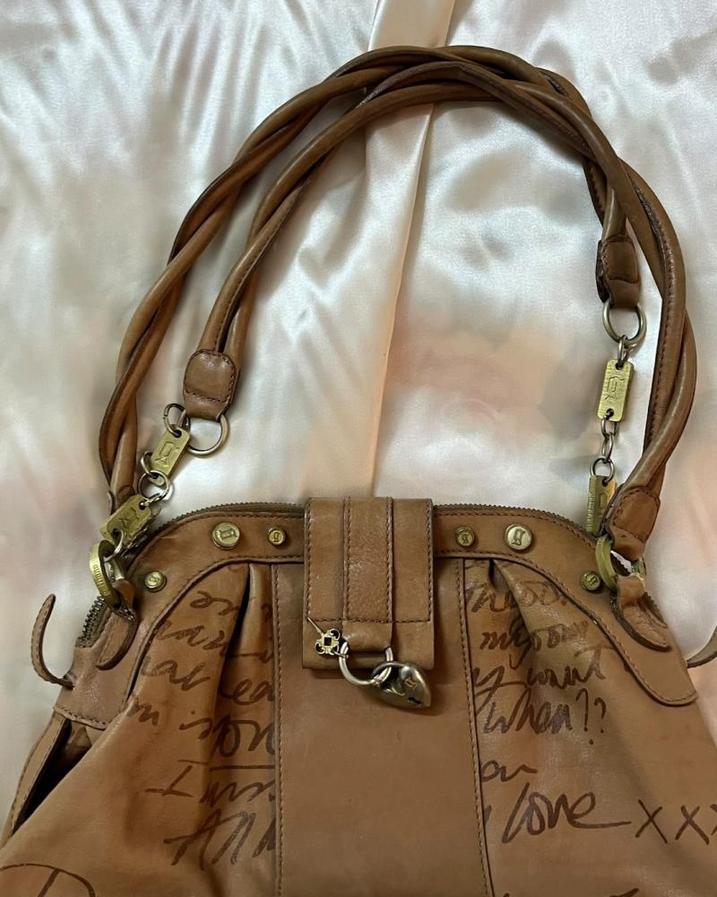 Galliano Tan / Light Brown Leather Graffiti Heart Lock Shoulder Ba