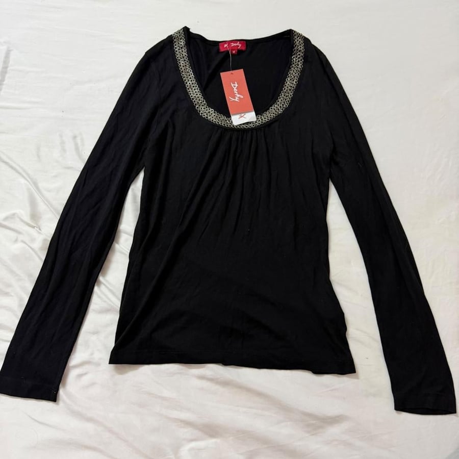 Derhy Black Long Sleeve Top with Ring-Embellished Scoop Neckline - Size M