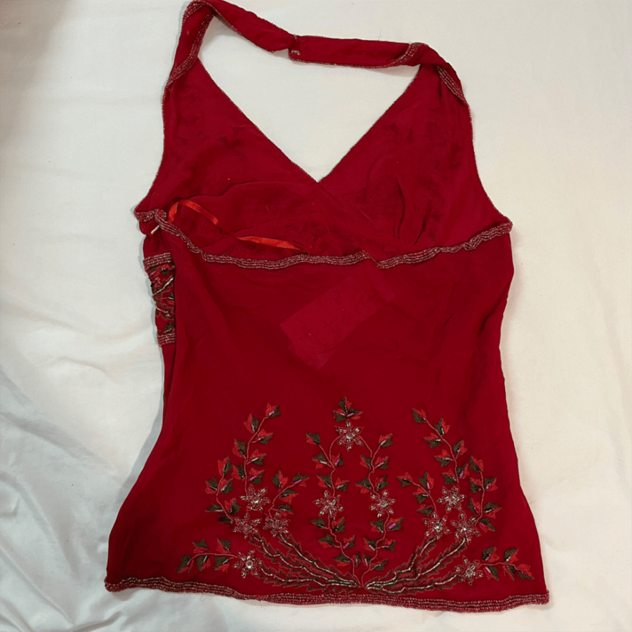 Aftershock Red Floral Beaded Halter Top -size M