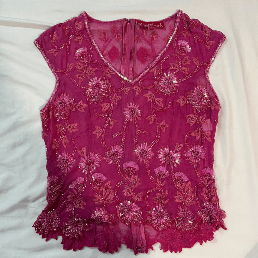 Aftershock Magenta Floral Beaded Short Sleeve Top - Size S-M