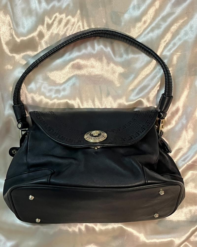 Versace Black Leather Shoulder Bag with Medusa Emblem and Greek Key Border