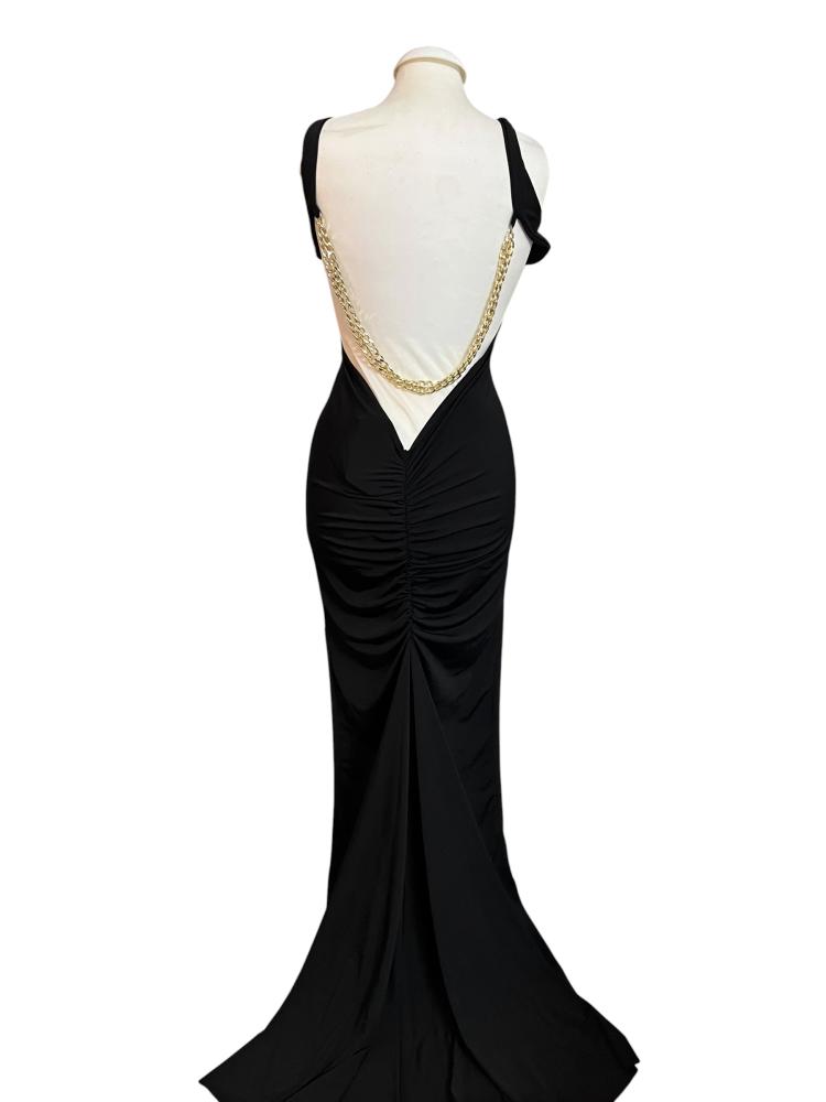Big Fashion Istanbul Black Backless Evening Dress with Chain Detail - Size M