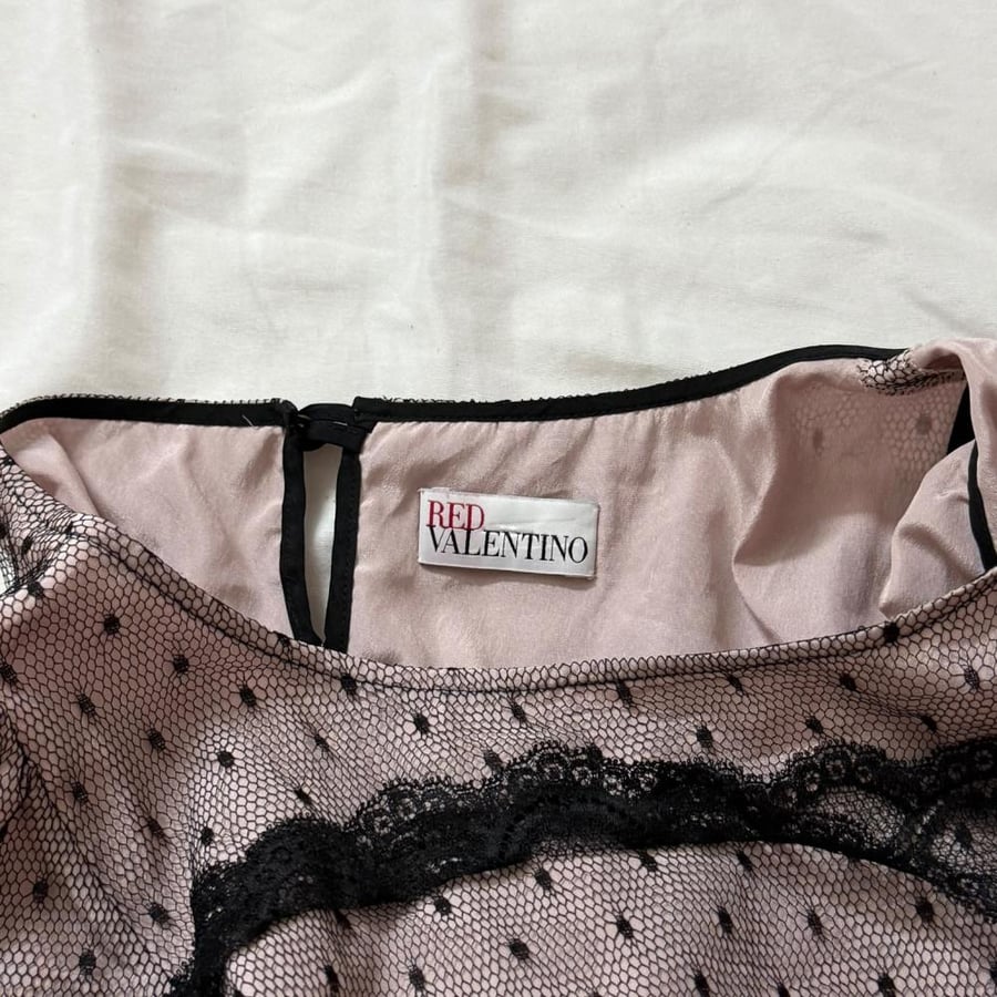 REDValentino Pink Polka Dot Mesh Dress with Black Lace Tiers - Size 42