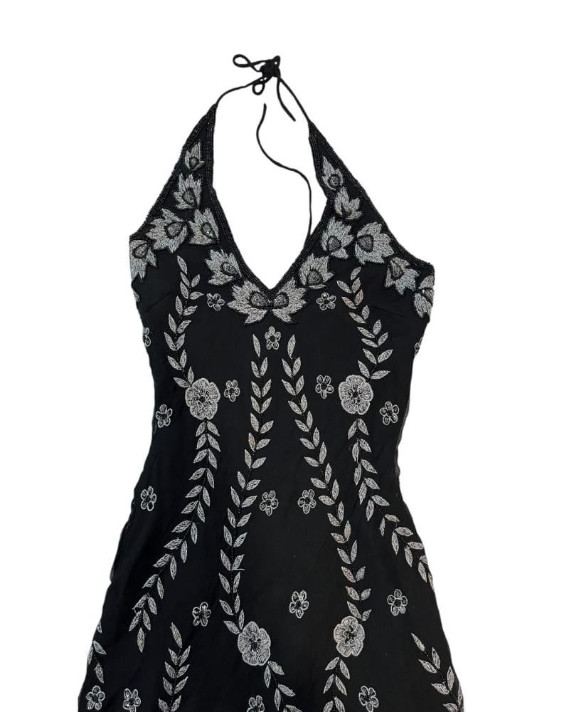 Aftershock Black Floral Beaded Halter black Dress - Size L
