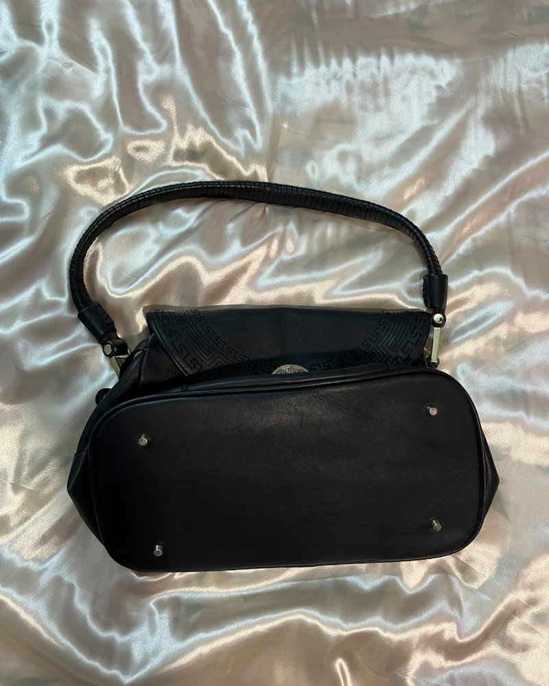 Versace Black Leather Shoulder Bag with Medusa Emblem and Greek Key Border
