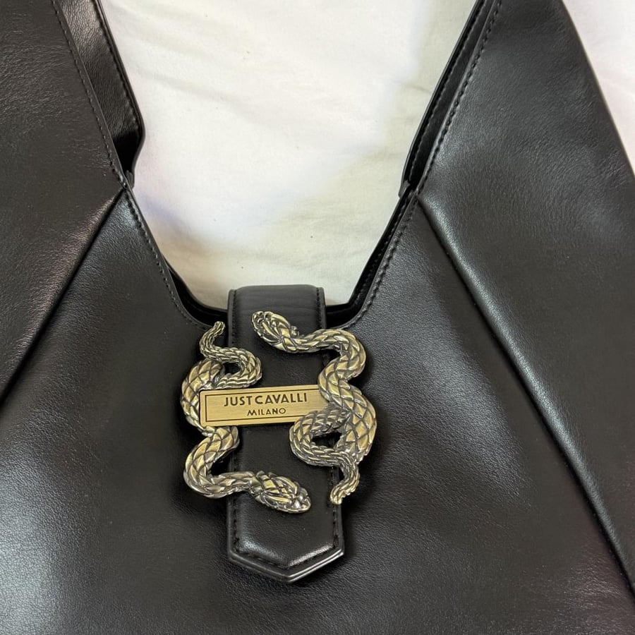 Just Cavalli Milano Black Leather Snake Buckle Shoulder Bag