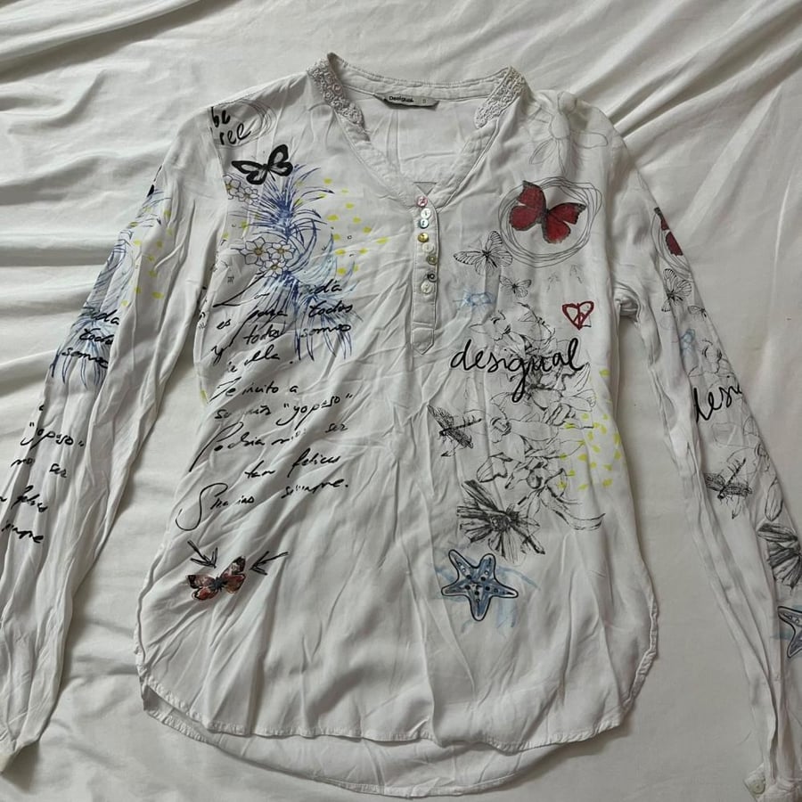 Desigual White Butterfly Graphic Long Sleeve Blouse - Size S