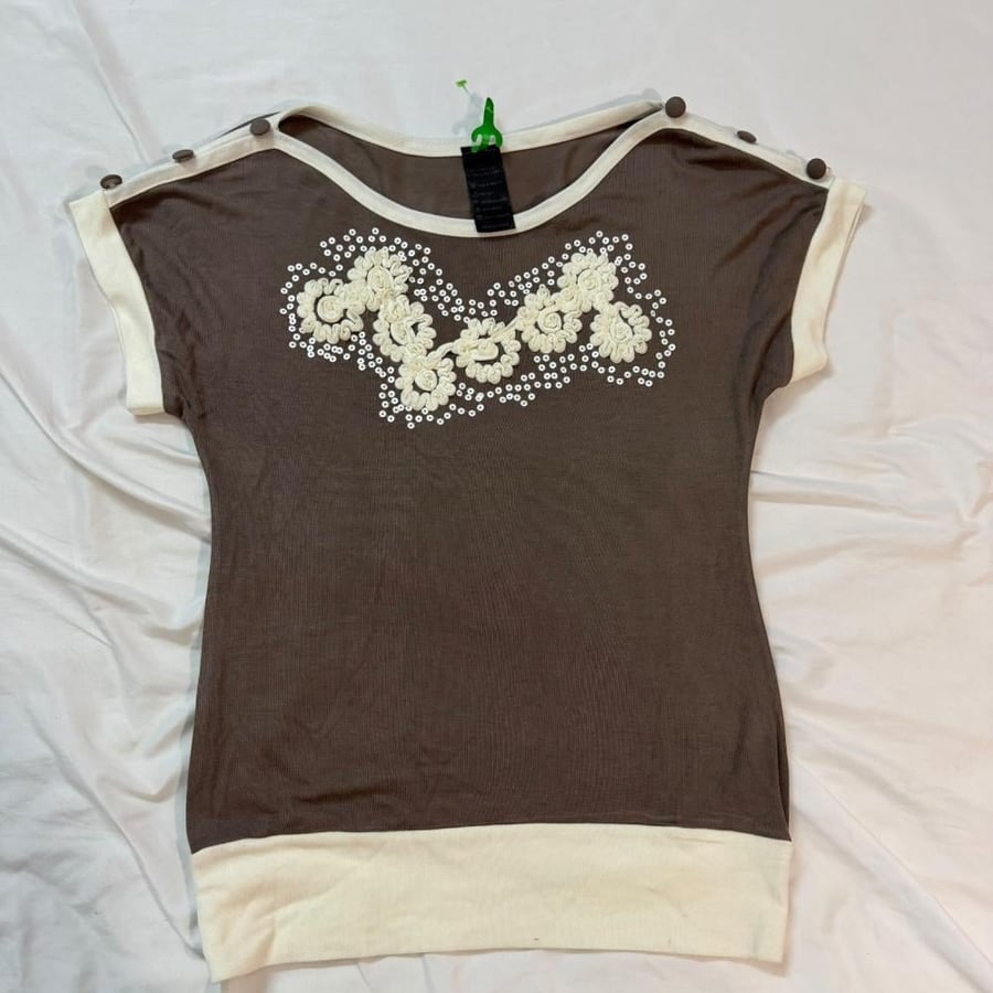 Kakus Brown Embellished Short Sleeve top-M -