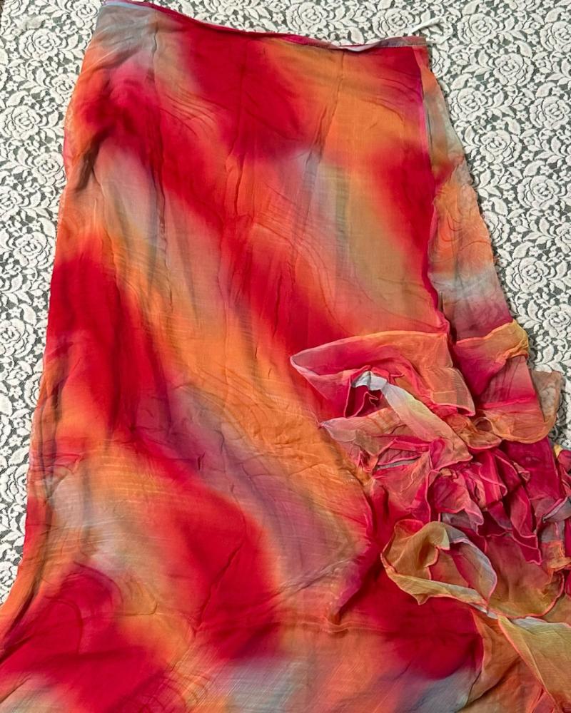 Duntell Red & Orange Tie-Dye Silk Ruffle Maxi Skirt — Size L (KSA 3 / EUR L)