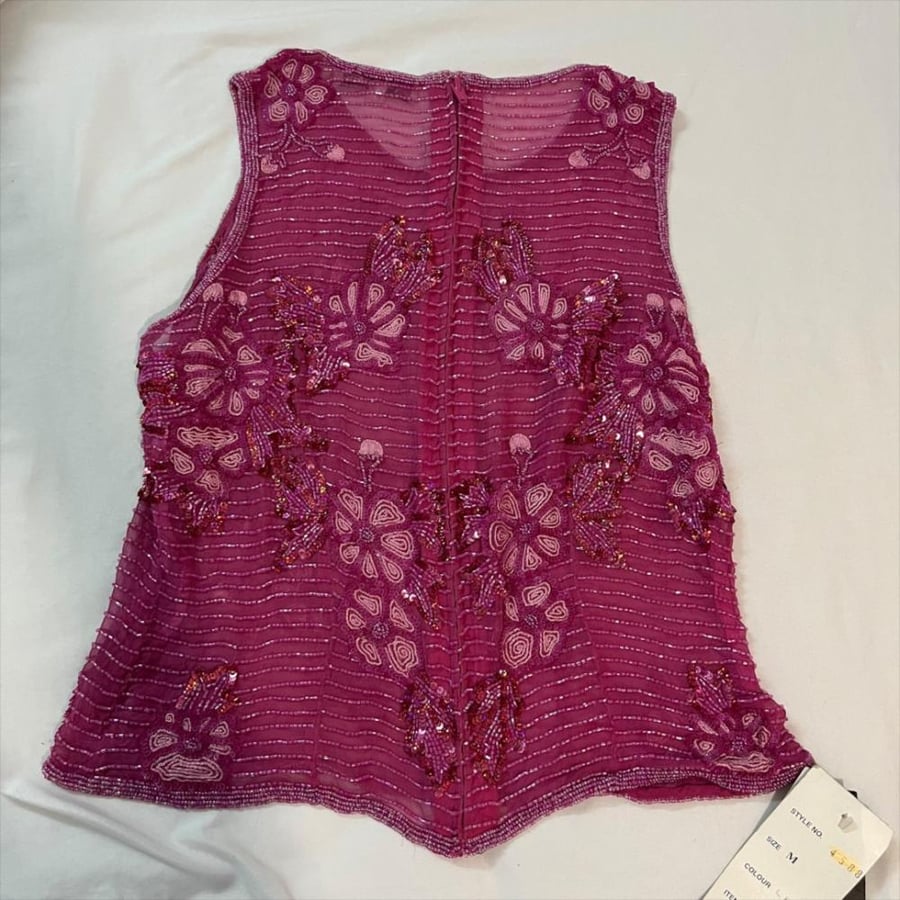 /Aftershock Fuchsia Floral Beaded Mesh Sleeveless Top - Size M/L