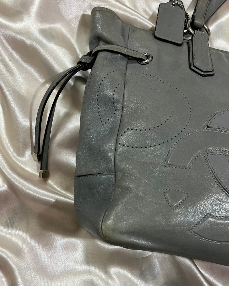 Coach Grey Leather Shoulder Bag with Perforated Logo