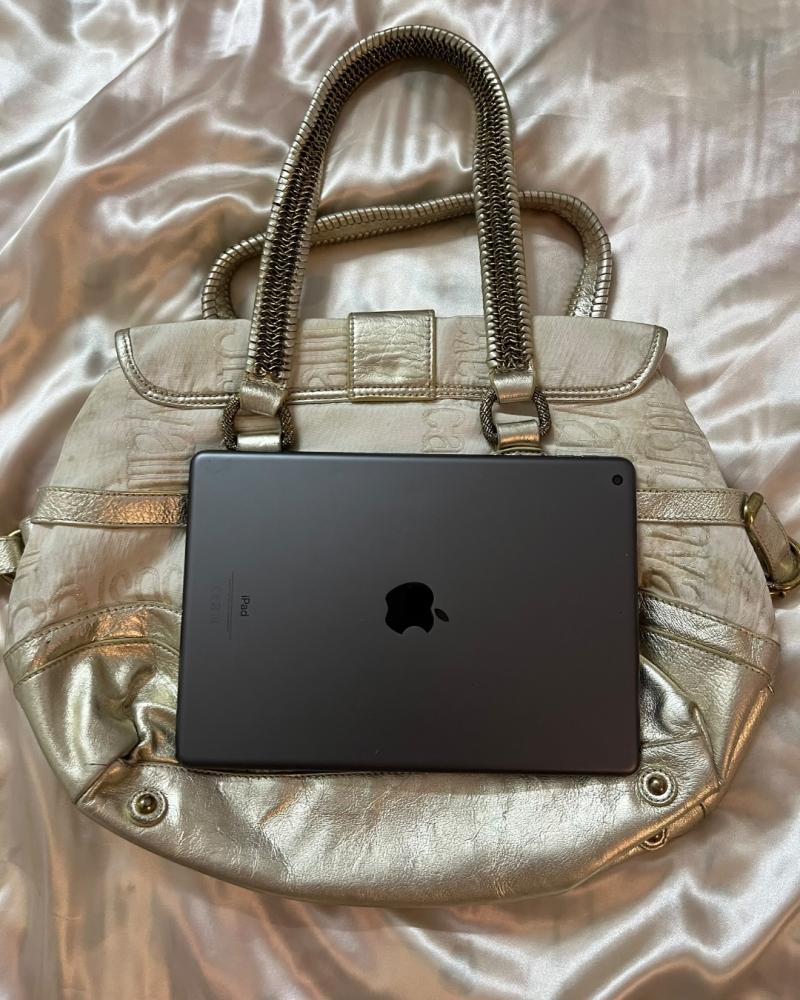 Just Cavalli Beige and Gold Logo Print Shoulder Bag