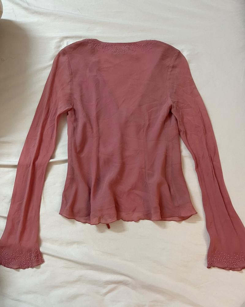 Monsoon Dusty Pink Beaded Tie-Front Long Sleeve Top - Size UK 8 / EUR 36 / USA 4 /s-m