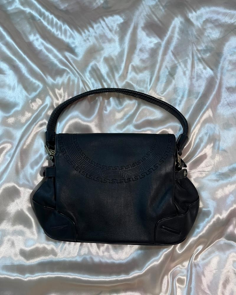 Versace Black Leather Shoulder Bag with Medusa Emblem and Greek Key Border