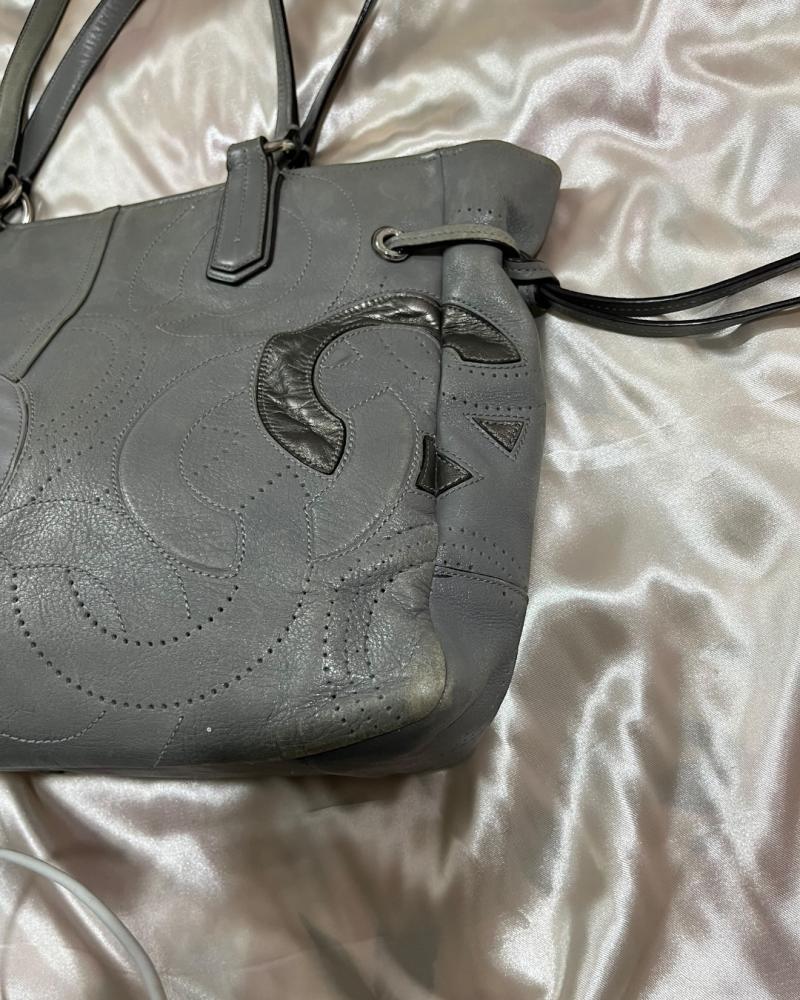 Coach Grey Leather Shoulder Bag with Perforated Logo