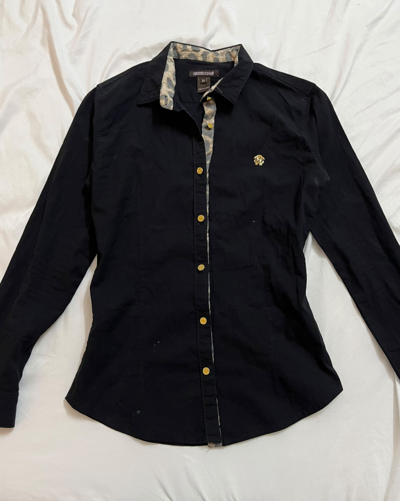 Roberto Cavalli Black Long Sleeve Shirt with Leopard Collar - Size M