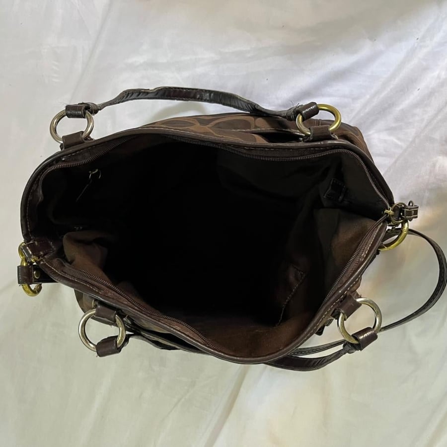 Coach Dark Brown Signature Canvas Shoulder Bag with Patent Leather Trim