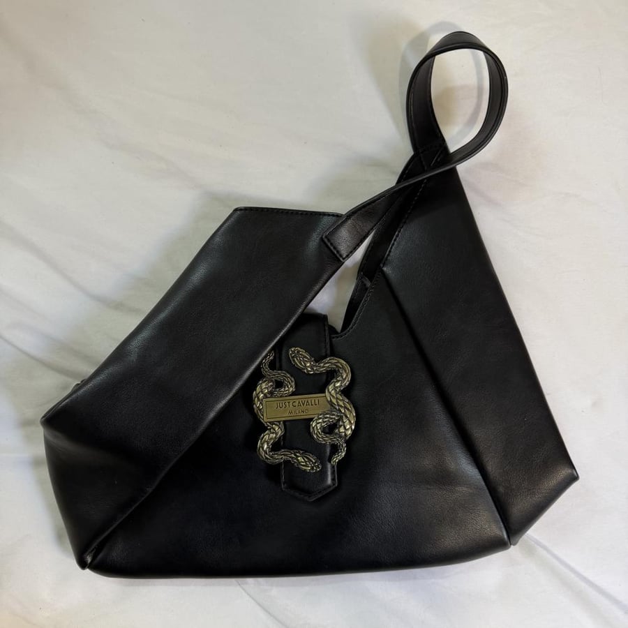 Just Cavalli Milano Black Leather Snake Buckle Shoulder Bag
