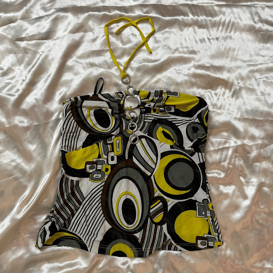Fantasy Island Yellow and Black Geometric Halter Neck Top - Size L- 3