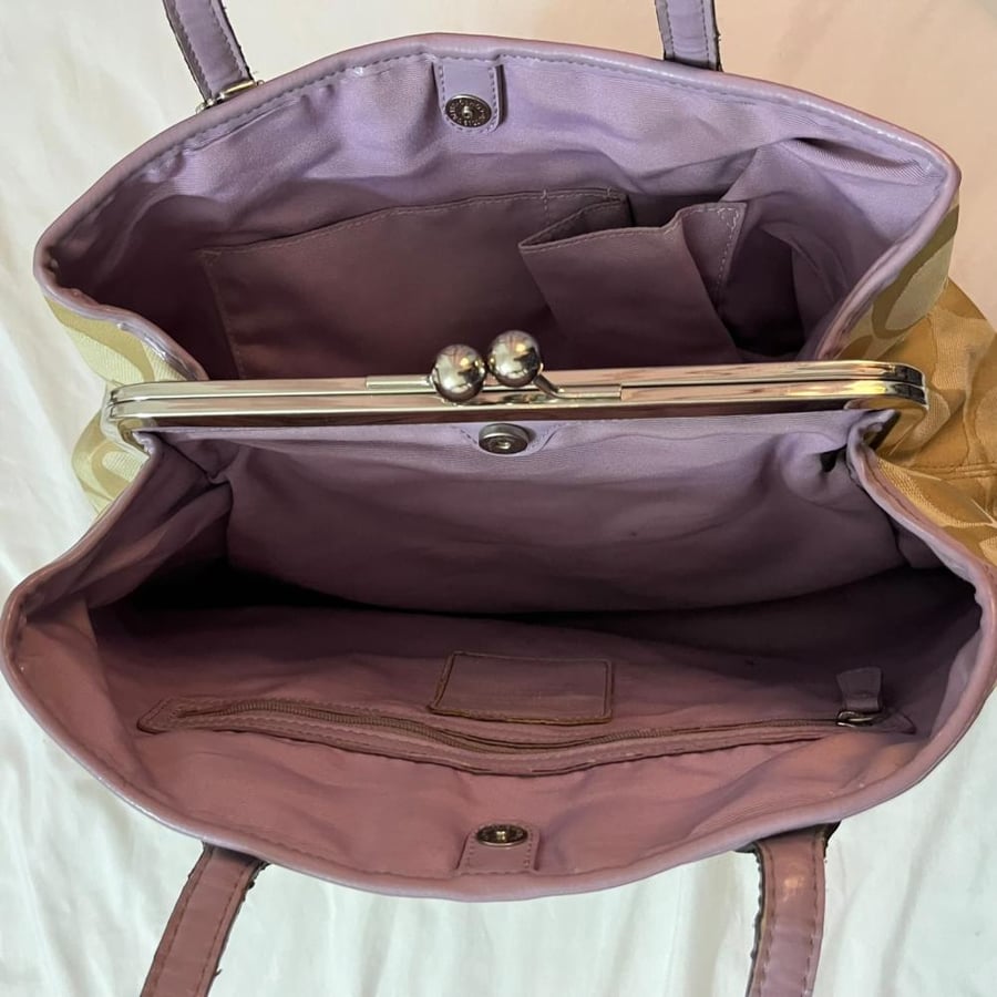 Coach Beige Monogram Tote Bag with Purple Detail