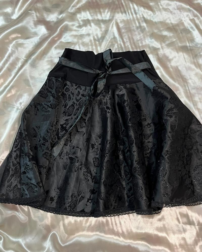 Koy Black Textured Satin A-Line Skirt with Ribbon Tie - Size FR 40 / UK 12