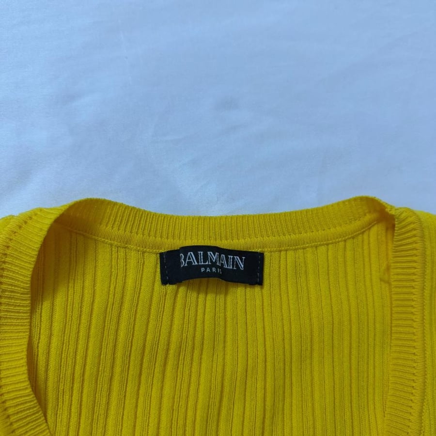 Balmain Yellow Ribbed Knit Tank Top with Embossed Buttons - Size L