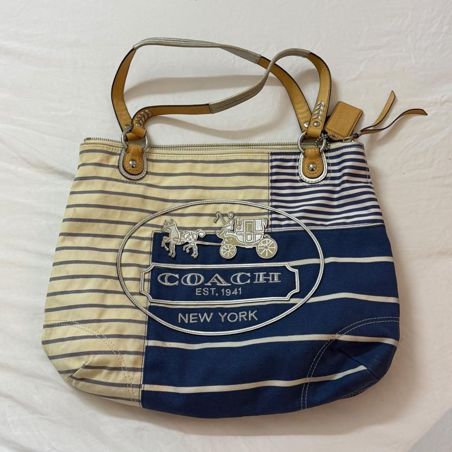 Coach Navy and Cream Striped Canvas Tote Bag