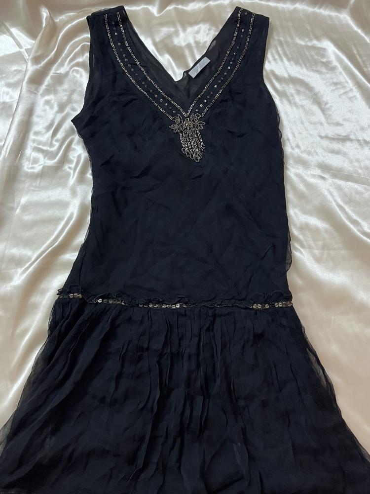 Promod Black V-Neck Dress with Sequins and Lace Trim - Size EU 38 / UK 10 L - see-through