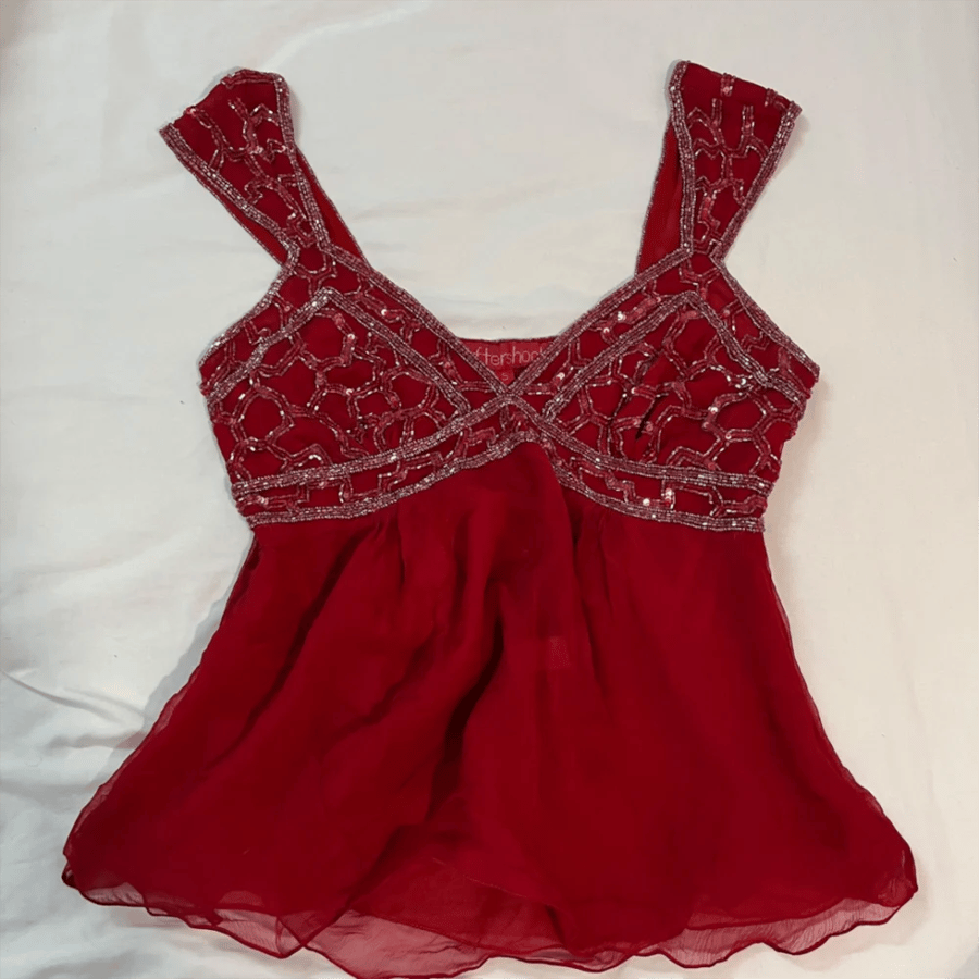 لاAftershock Red Beaded Chiffon Sleeveless Top - Size M