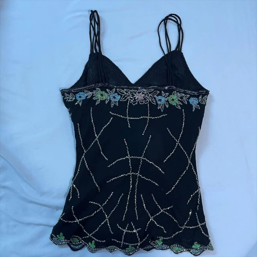 Aftershock Black Floral Beaded Cami Top - Size S