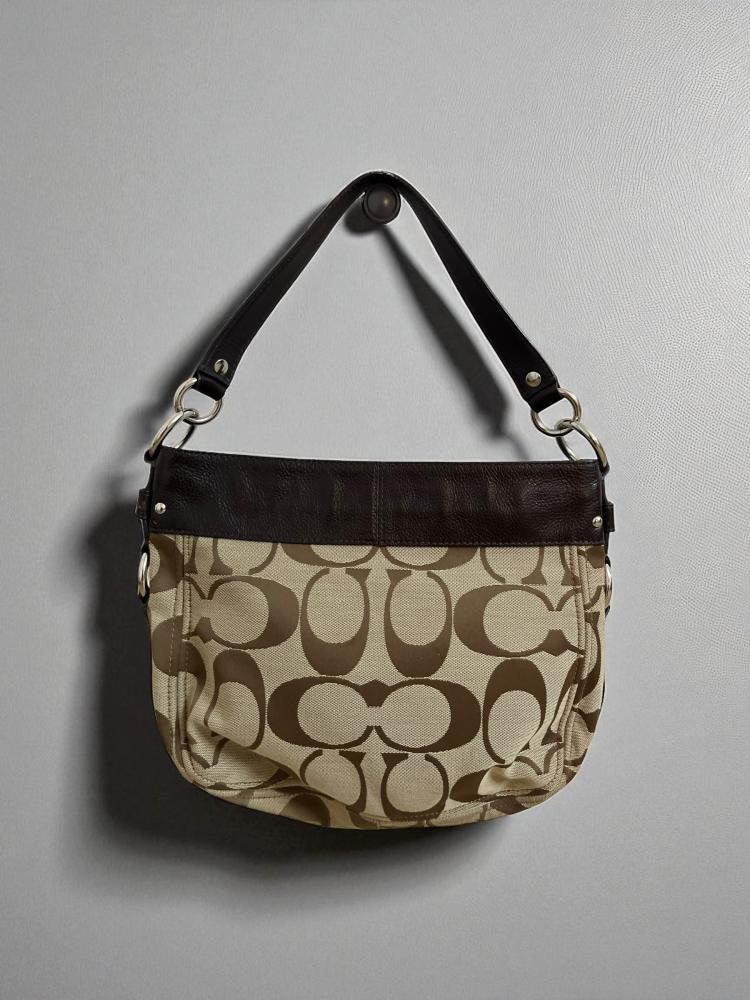 Coach Zoe Signature Purse Khaki Brown Leather Trim Shoulder Bag F14708 Handbag