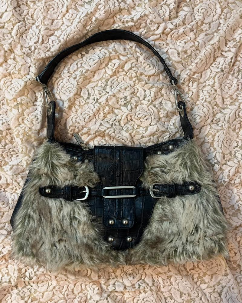 Viss Y2K Black Faux Fur & Croc-Embossed Shoulder Bag