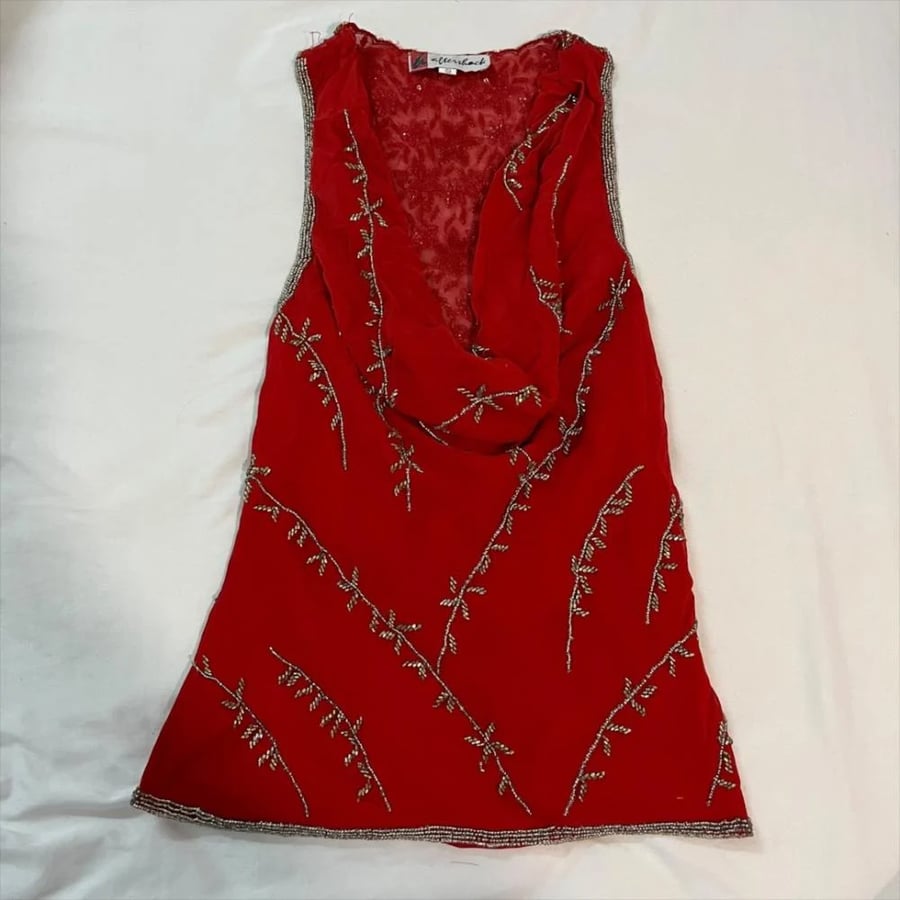 Aftershock Red Beaded Drape Neck Sleeveless Top - Size S