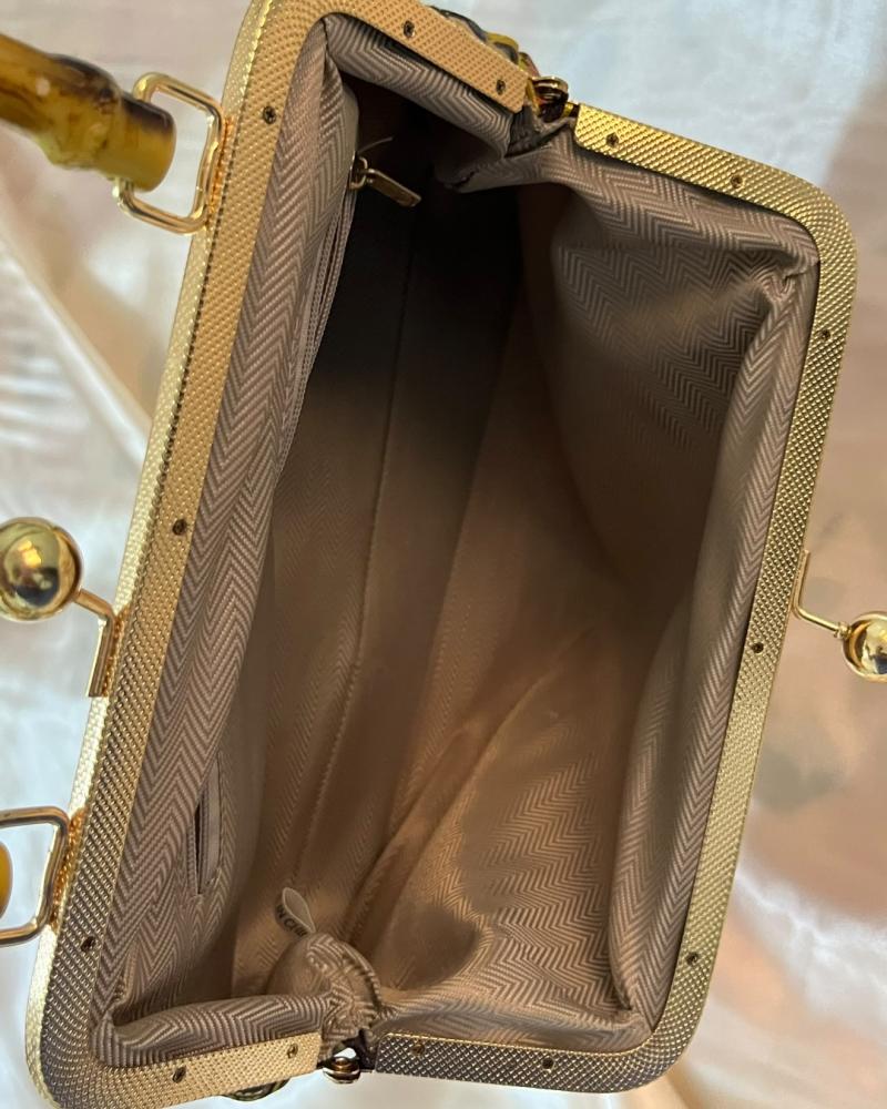 Black Floral Brocade / Satin Bamboo Handle Frame Bag