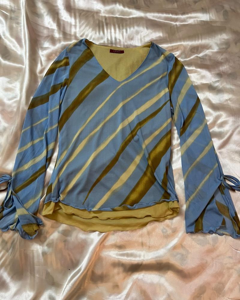 Sami Blue & Yellow Diagonal Striped V-Neck Mesh Top - Size M