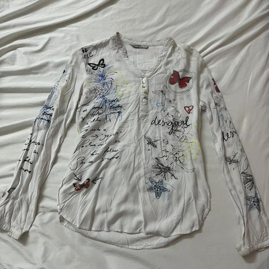 Desigual White Butterfly Graphic Long Sleeve Blouse - Size S