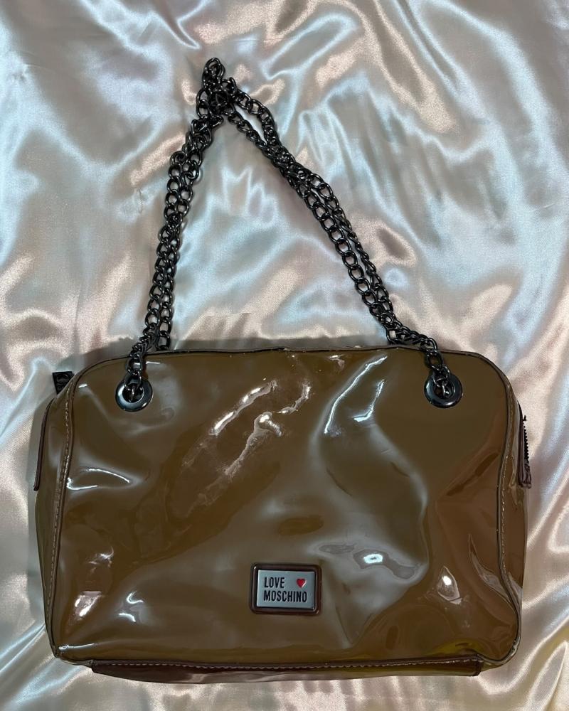 Love Moschino Tan Patent Leather Shoulder Bag with Chain Strap