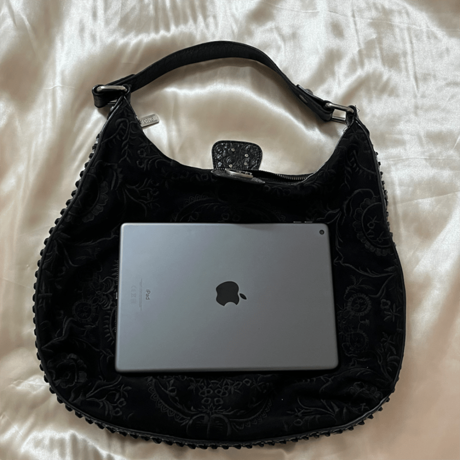 Roberto Cavalli Black Embroidered Suede Hobo Bag
