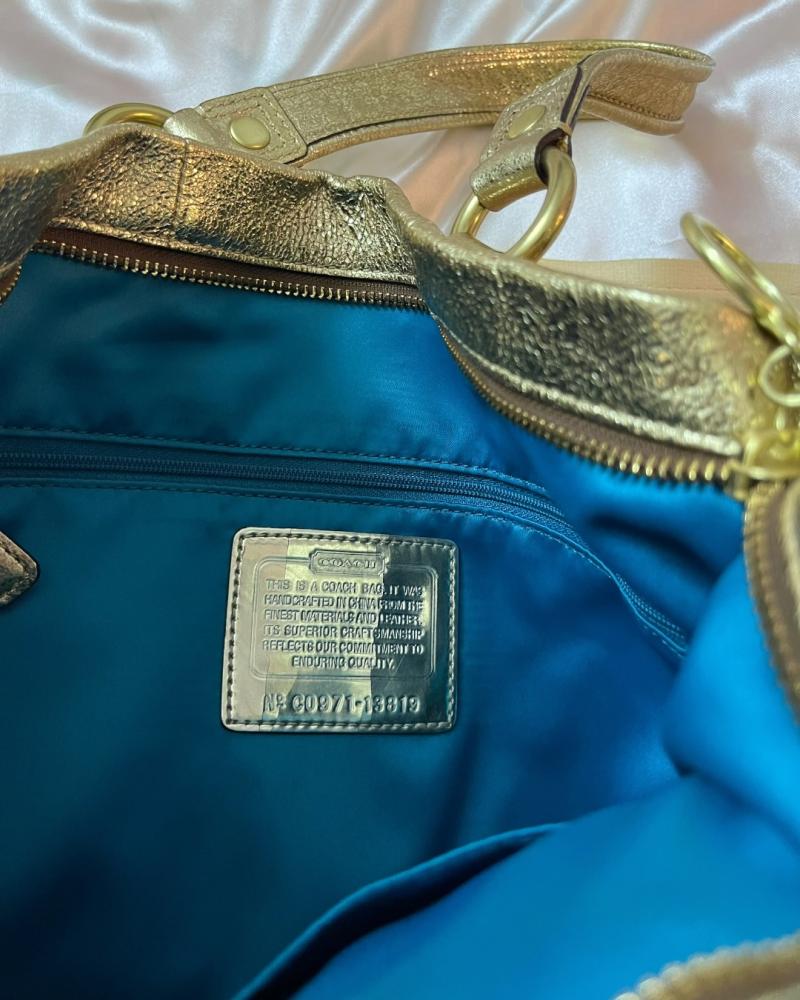 Coach Gold Metallic Leather Poppy Zippered Tote Bag