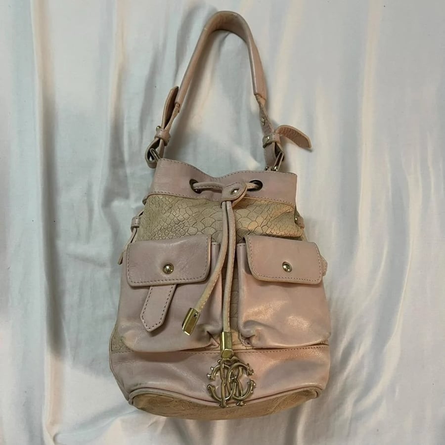 Roberto Cavalli Pink Leather Drawstring Bucket Bag
