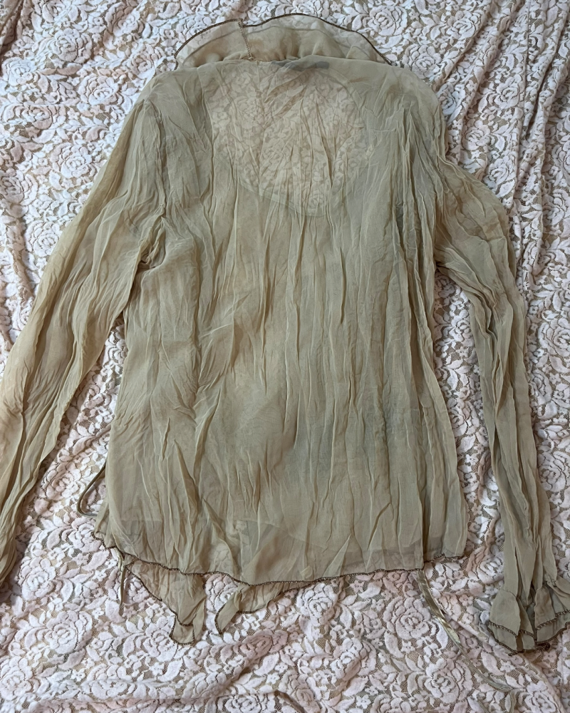 Samsara Beige Sheer Ruffle Wrap Blouse with Floral Embroidery - Size 3