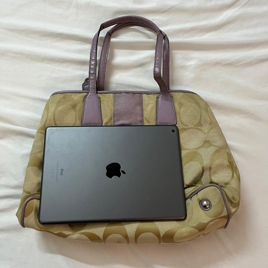 Coach Beige Monogram Tote Bag with Purple Detail