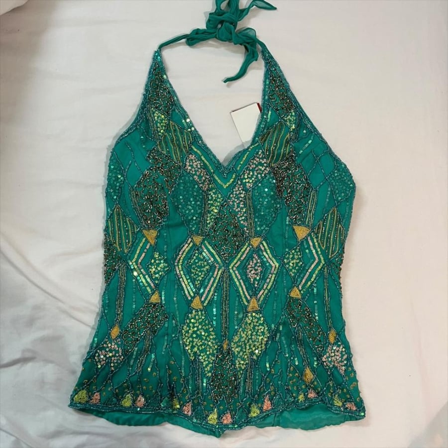 Aftershock Green Geometric Beaded Halter Top -Size M