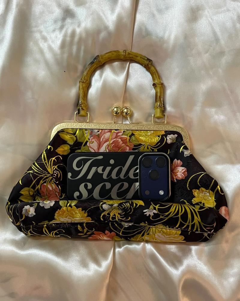 Black Floral Brocade / Satin Bamboo Handle Frame Bag