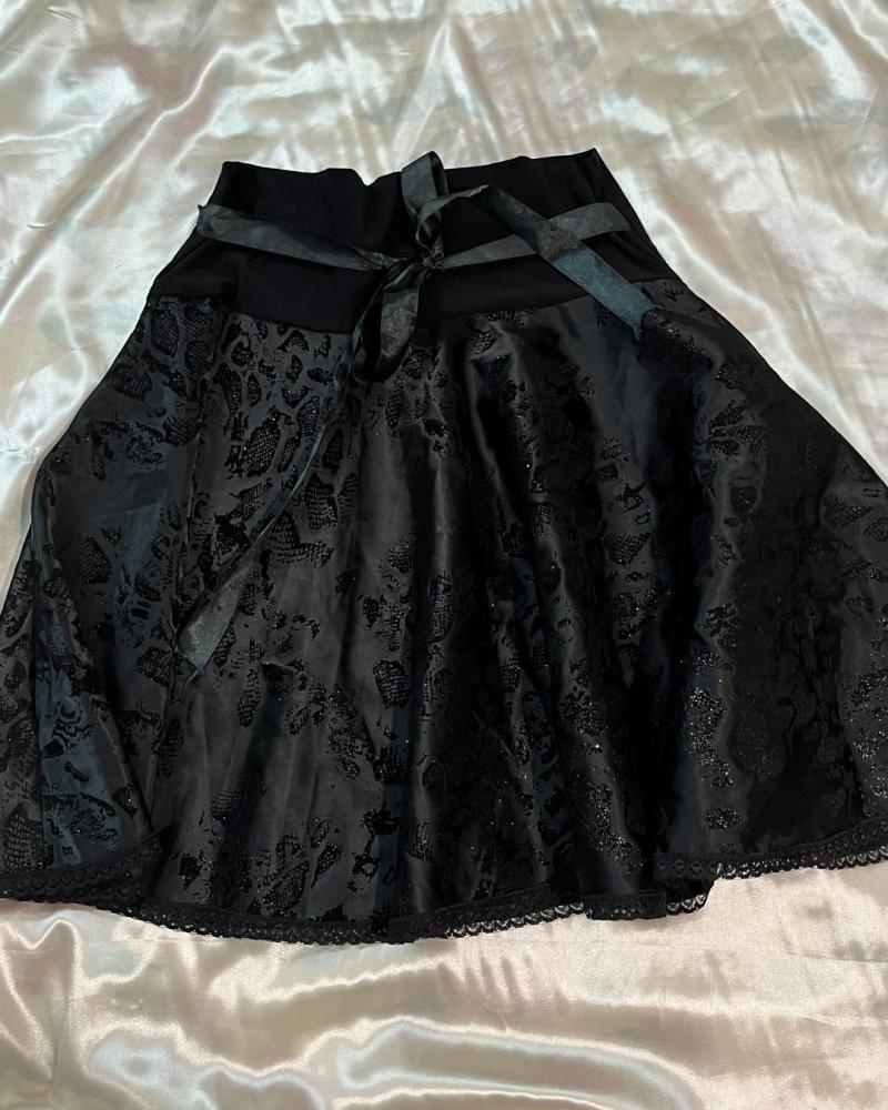 Koy Black Textured Satin A-Line Skirt with Ribbon Tie - Size FR 40 / UK 12