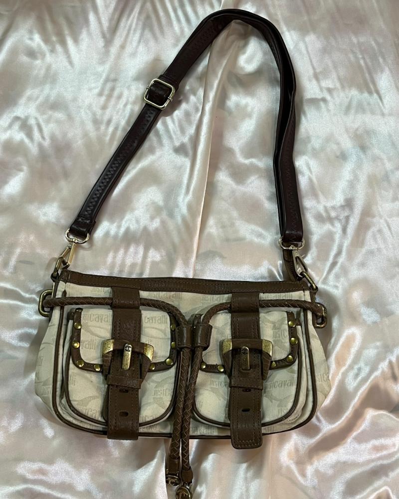 Just Cavalli Beige Logo Canvas & Brown Leather Pocket Shoulder Bag - Authentic Bag with Non-Original Strap