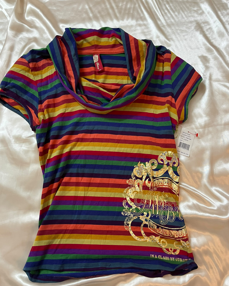Apple Bottoms Rainbow Striped Short Sleeve Cowl Neck Top with Gold Graphic Print - Size L