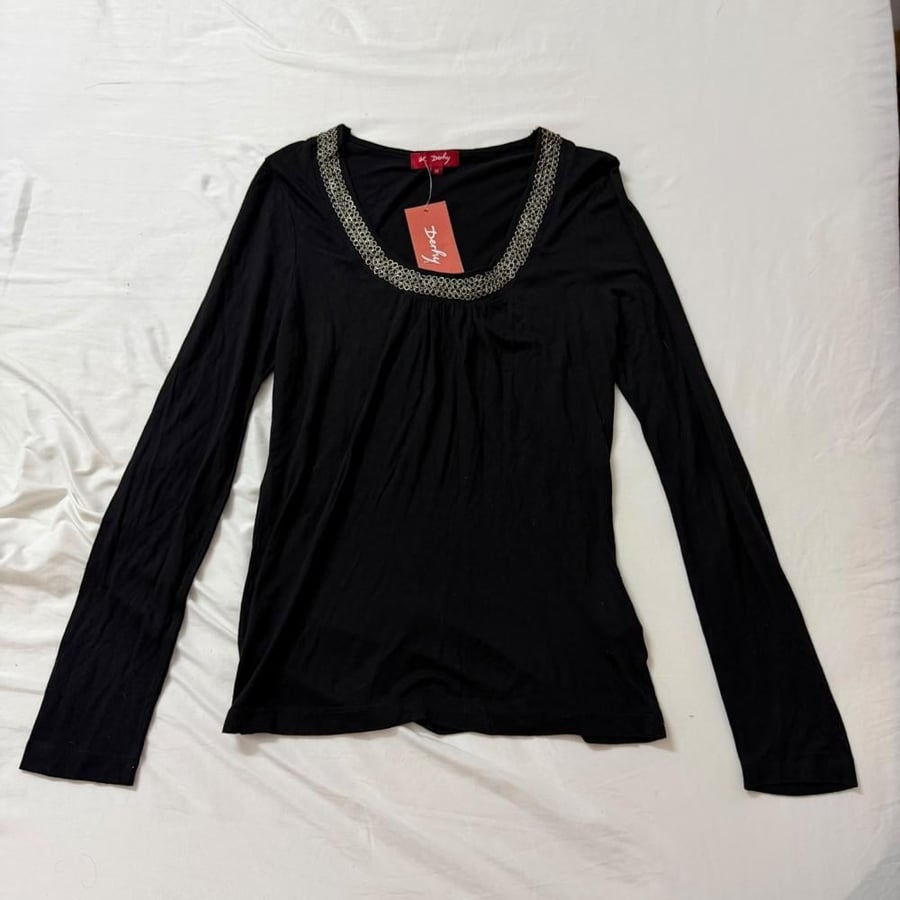 Derhy Black Long Sleeve Top with Ring-Embellished Scoop Neckline - Size M