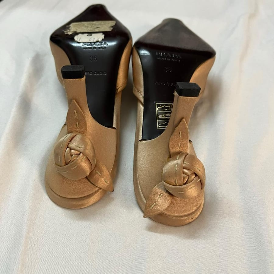 Prada Gold Satin Floral Print Mules - Size 36